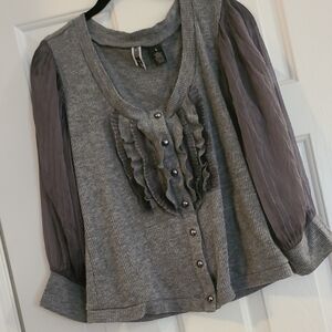 Gray Ruffled Cardigan with Sheer Sleeves